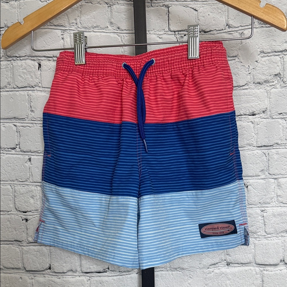 Vineyard Vines Boys Colorblock Stripe Swim Shorts -Coral, Navy & Blue -size 7